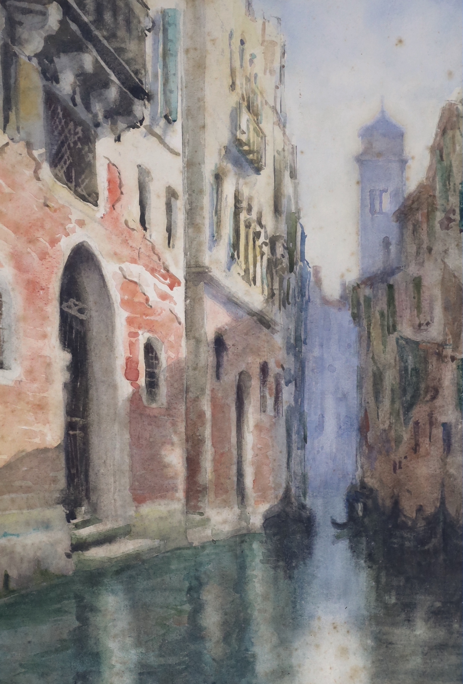 Four 20th century watercolours, Venetian canal, garden scene and river landscapes, one indistinctly signed each approximately 36 x 24cm
